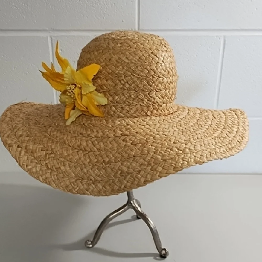 Casual Woven Floppy Beach Sun Hat with Yellow Flower Pin Accent